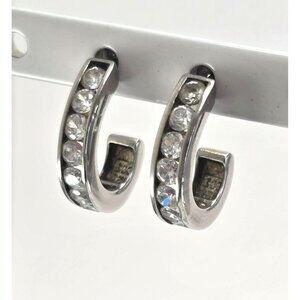 Sterling Silver Hoop Earrings With Cubic Zirconia Accents C-Shape Stud LI652
